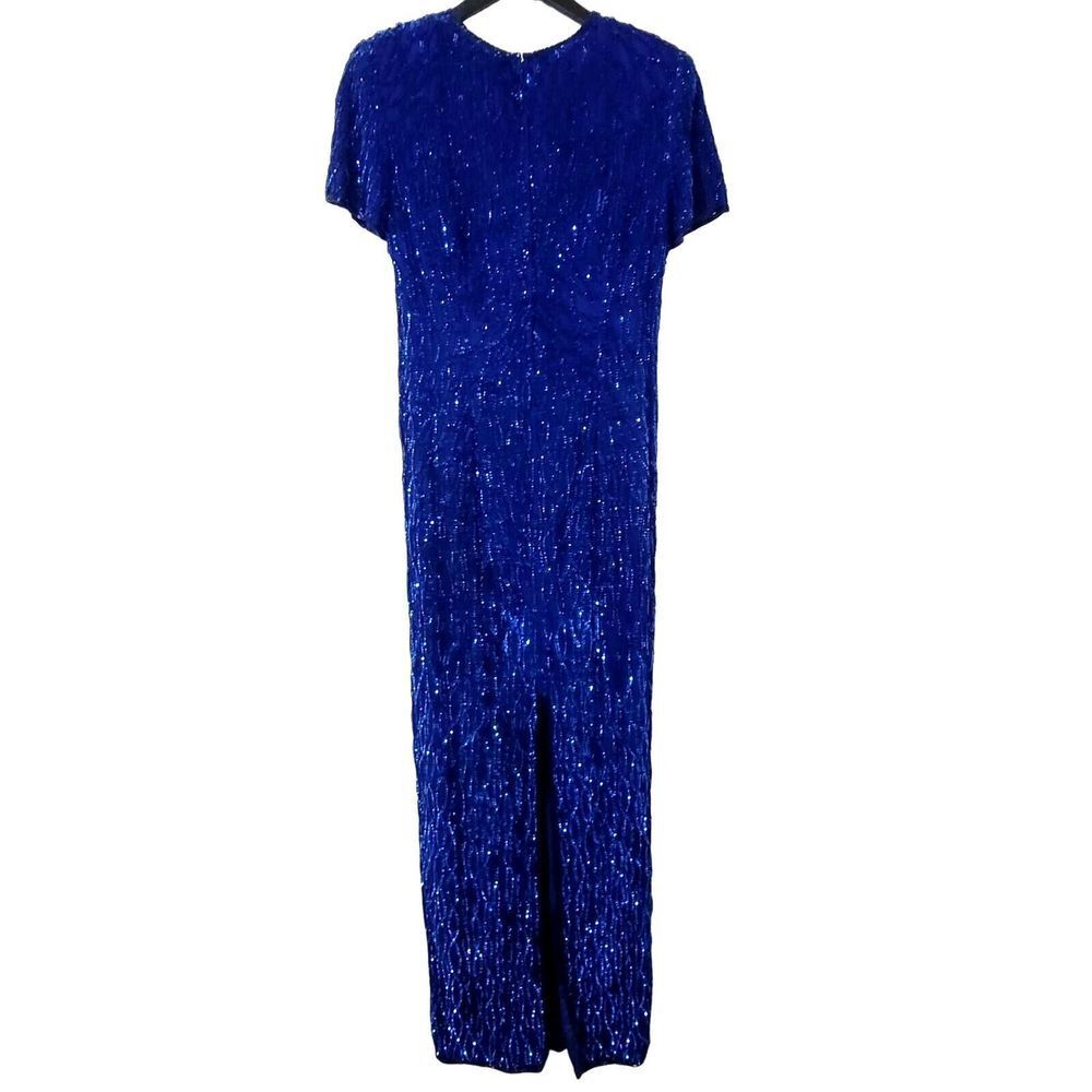 Vintage Stenay Gown Dress Silk Sequin Beaded Blue Long Short Sleeve Formal S